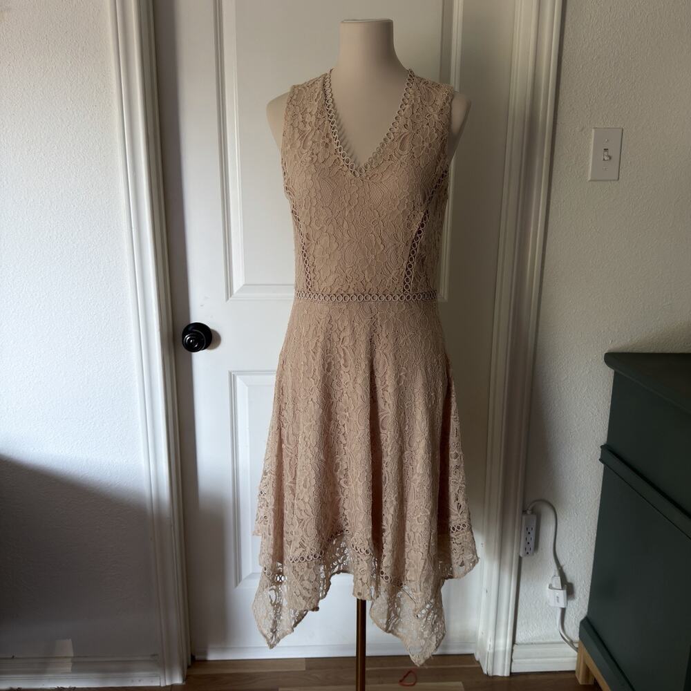 Vintage Size 10 Neiman Marcus Lace Sleeveless Nude Pink Handkerchief Hem Dress